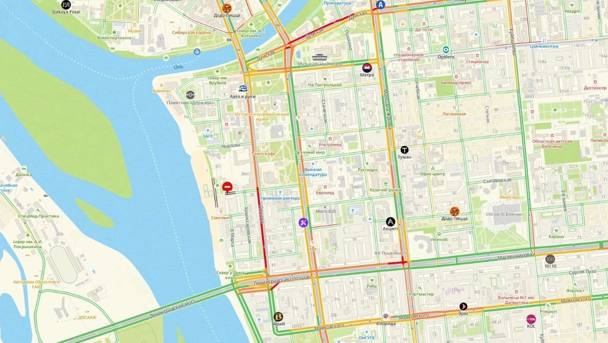 Скриншоты «карты пробок» в&nbsp;районе Ленинградской площади и&nbsp;примыкающих улиц