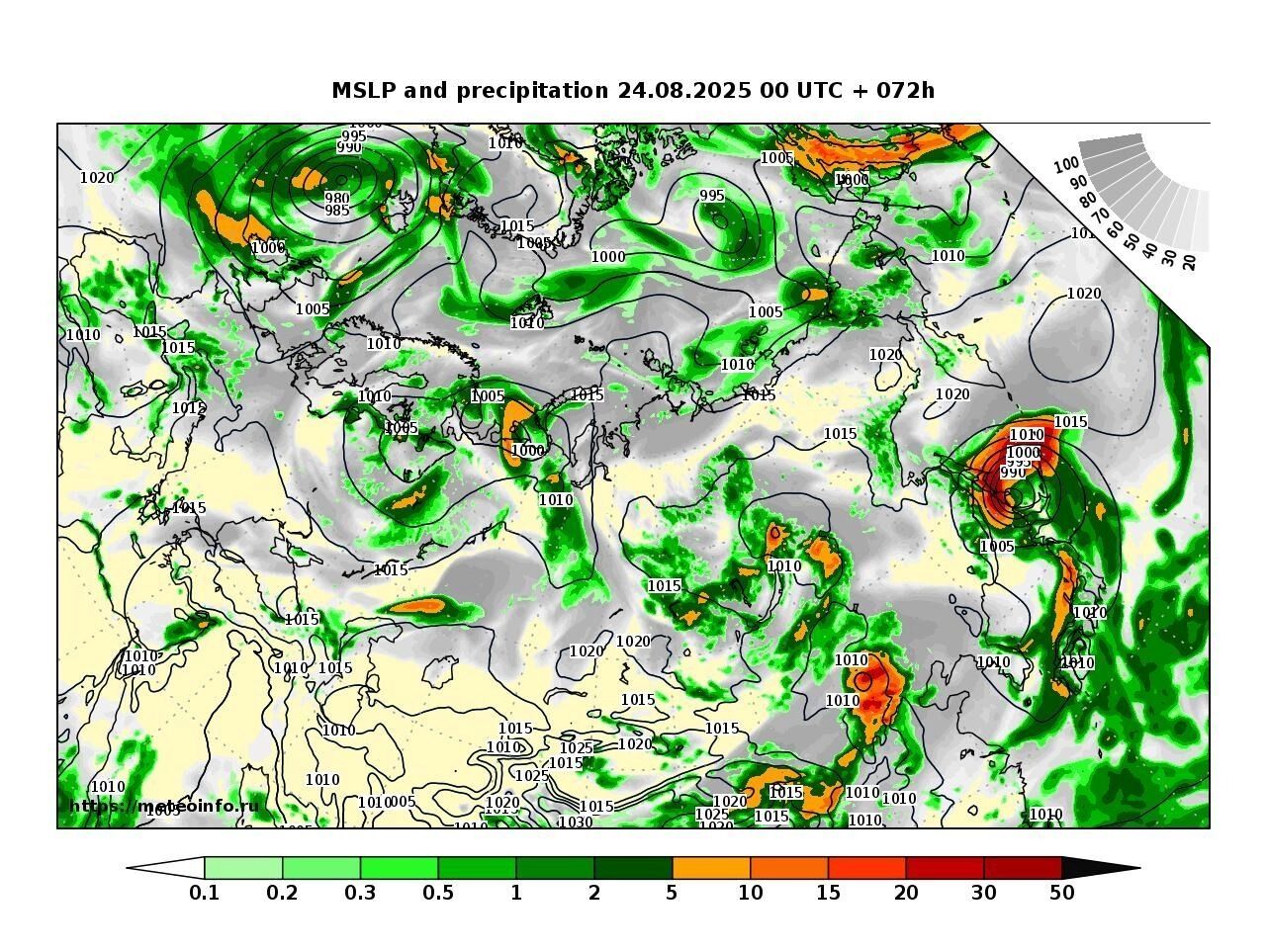 Mapa de precipitación y presión: pronóstico del Centro Hidrometeorológico