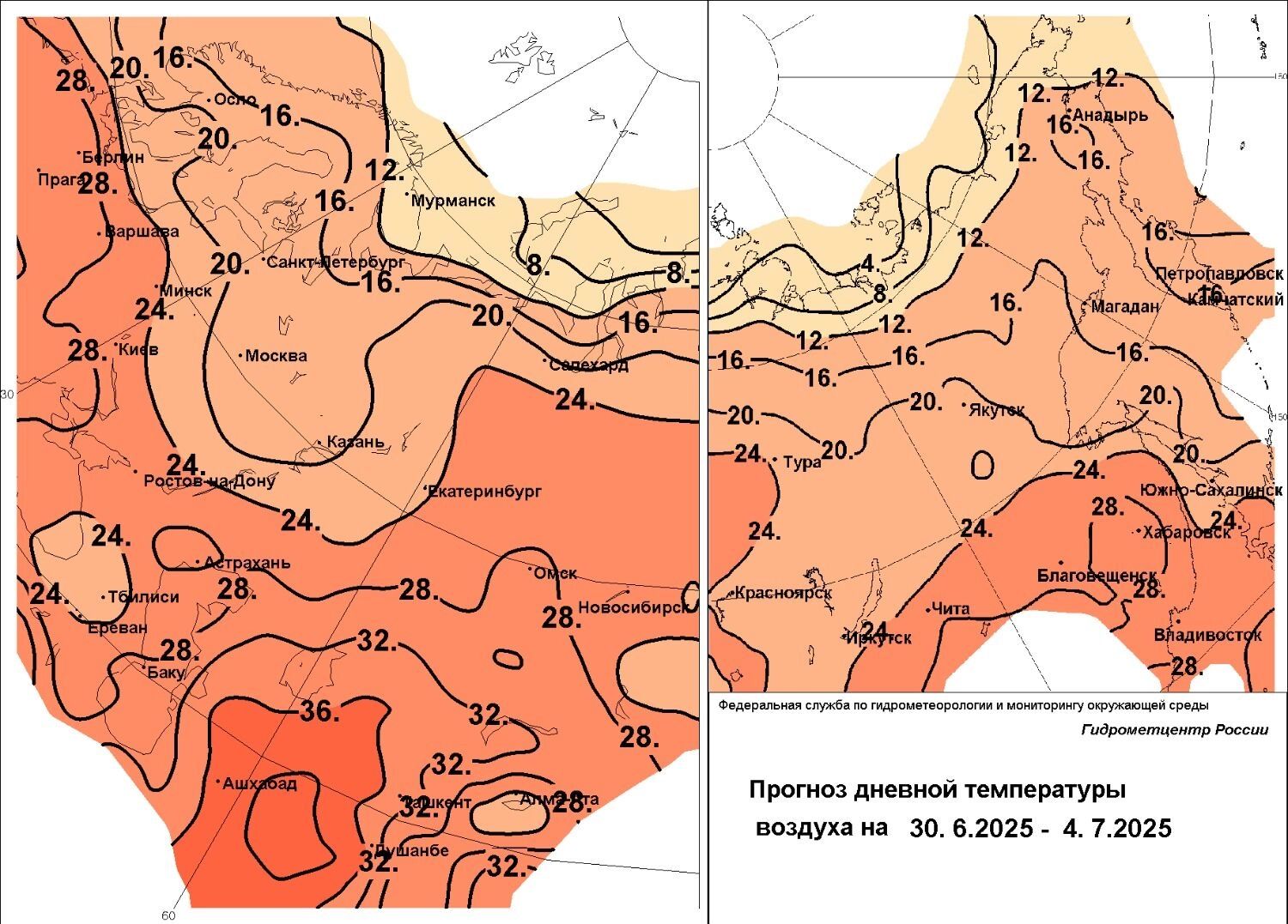 Карта дневной температуры воздуха на пять дней