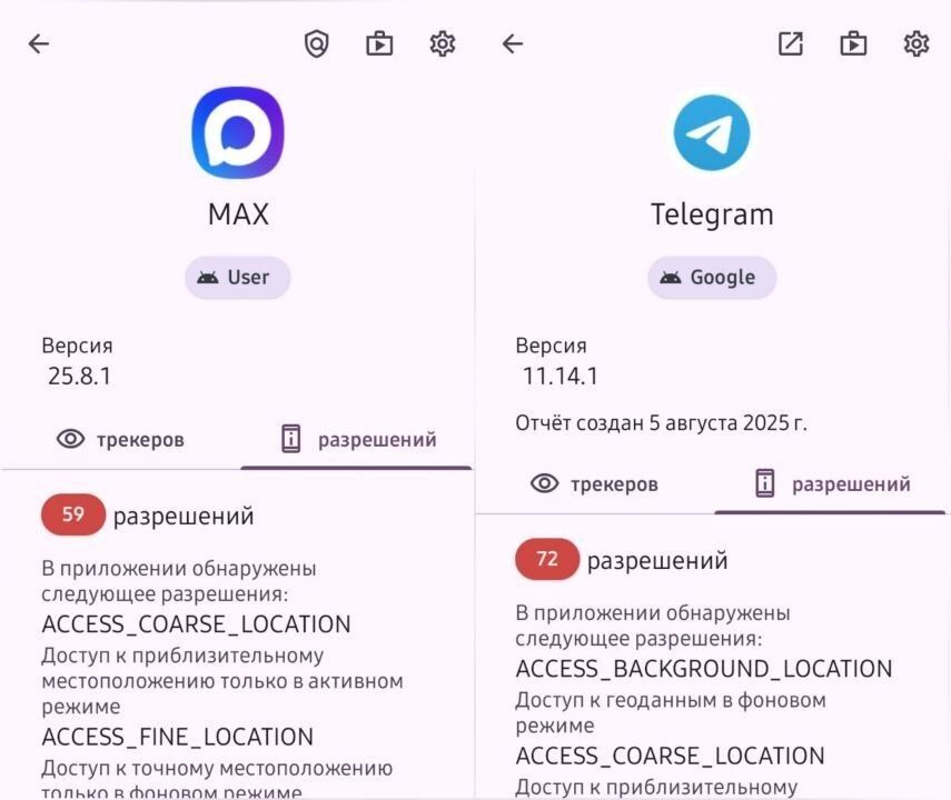 Сравнение списка разрешений MAX и иностранных мессенджеров