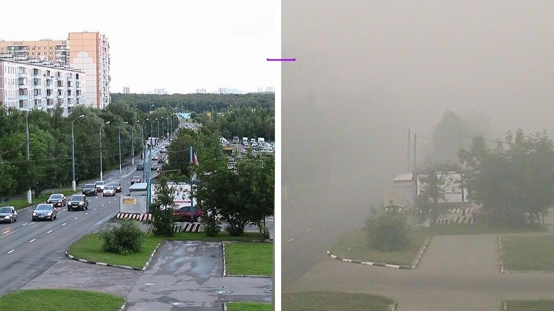 На фото справа — Москва в 2010 году. Дым от пожаров накрыл столице на долгое время