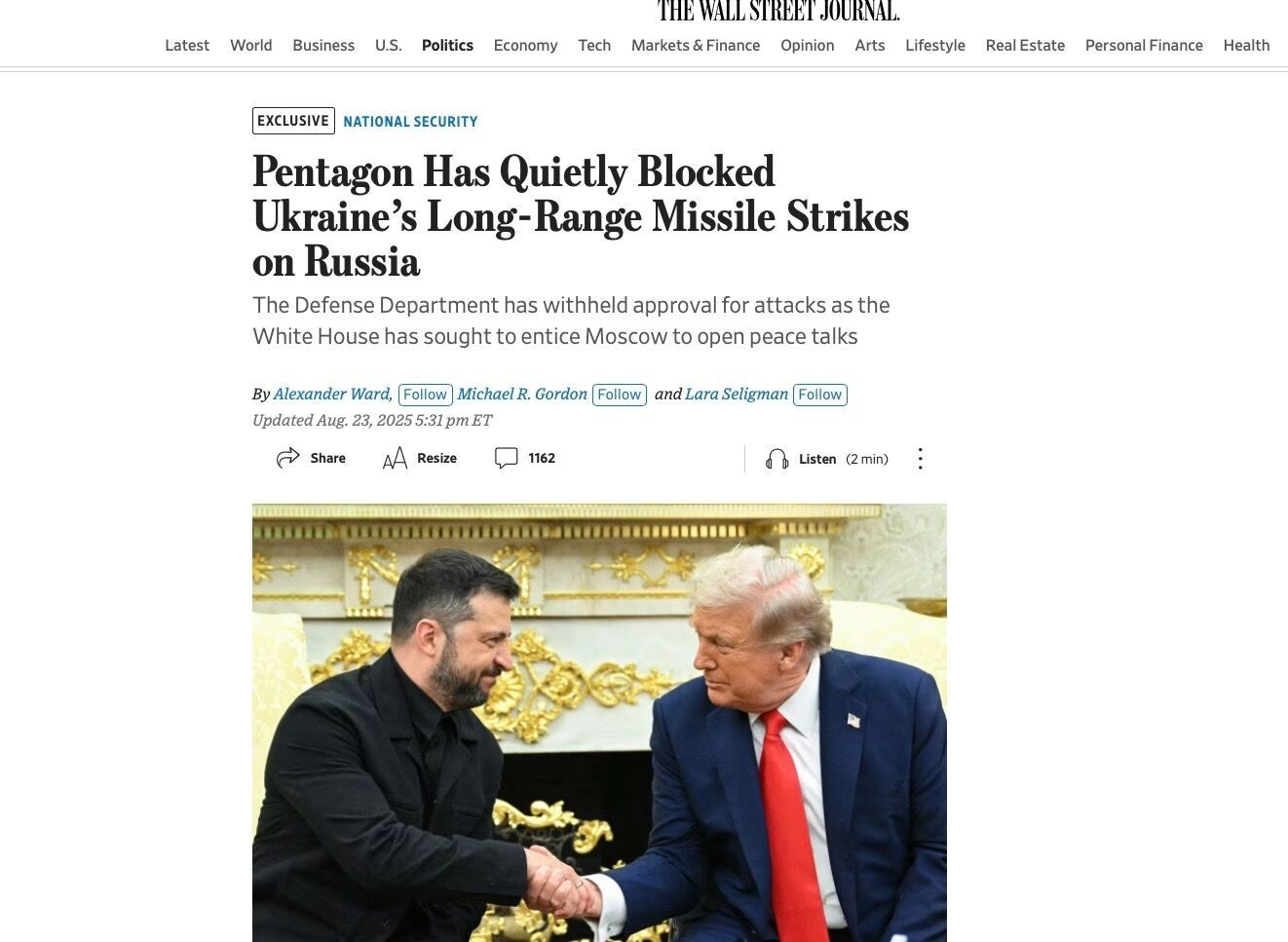В заголовке WSJ говорится о блокировании дальнобойных ударов по России