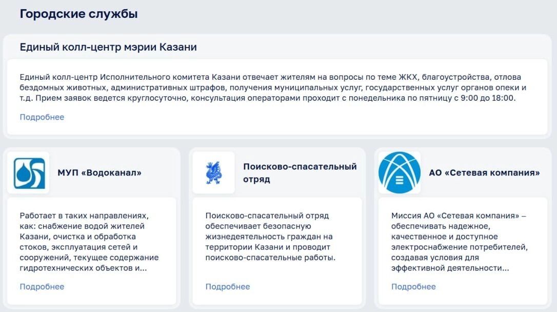 Скриншот сайта «Моя Казань» — сервисы