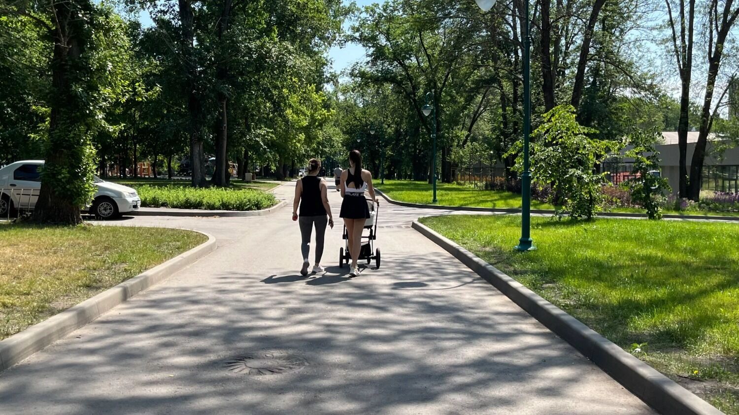 Две женщины идут по летнему парку, одна — с коляской