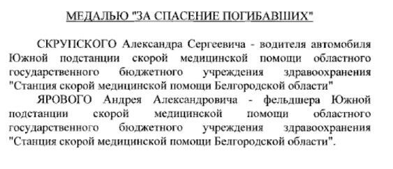 Имена награждённых белгородцев