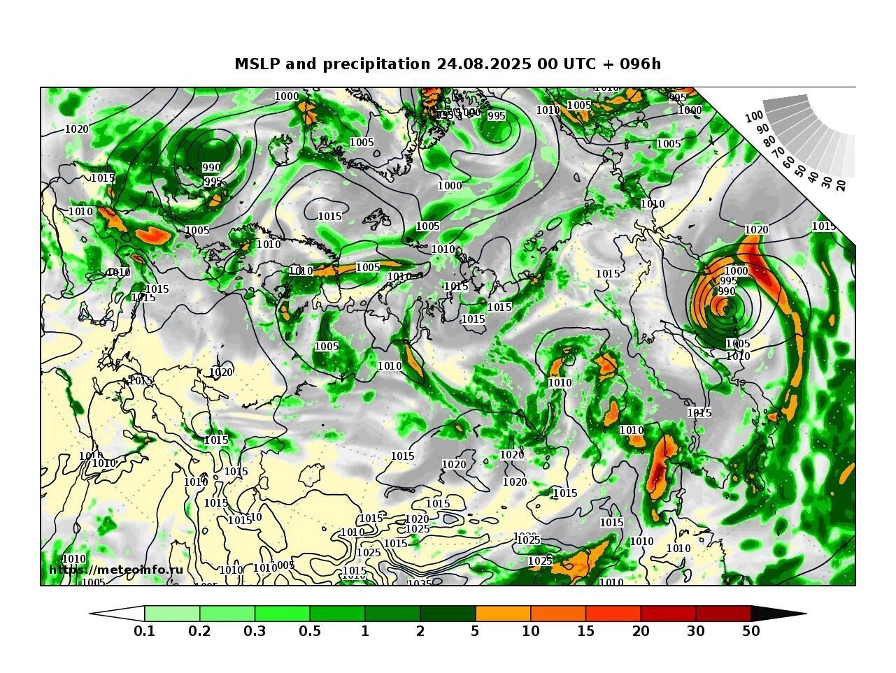 Mapa de precipitación y presión: pronóstico del Centro Hidrometeorológico