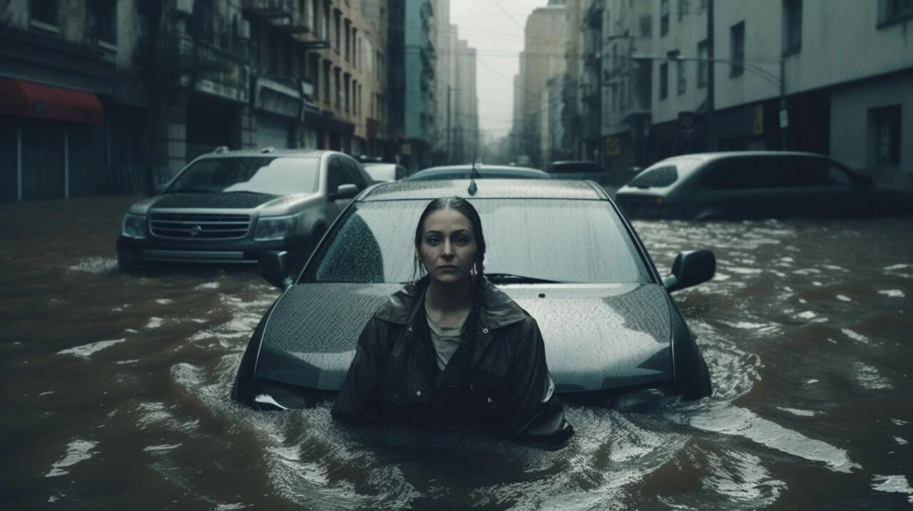 Человек стоит рядом с затопленной машиной