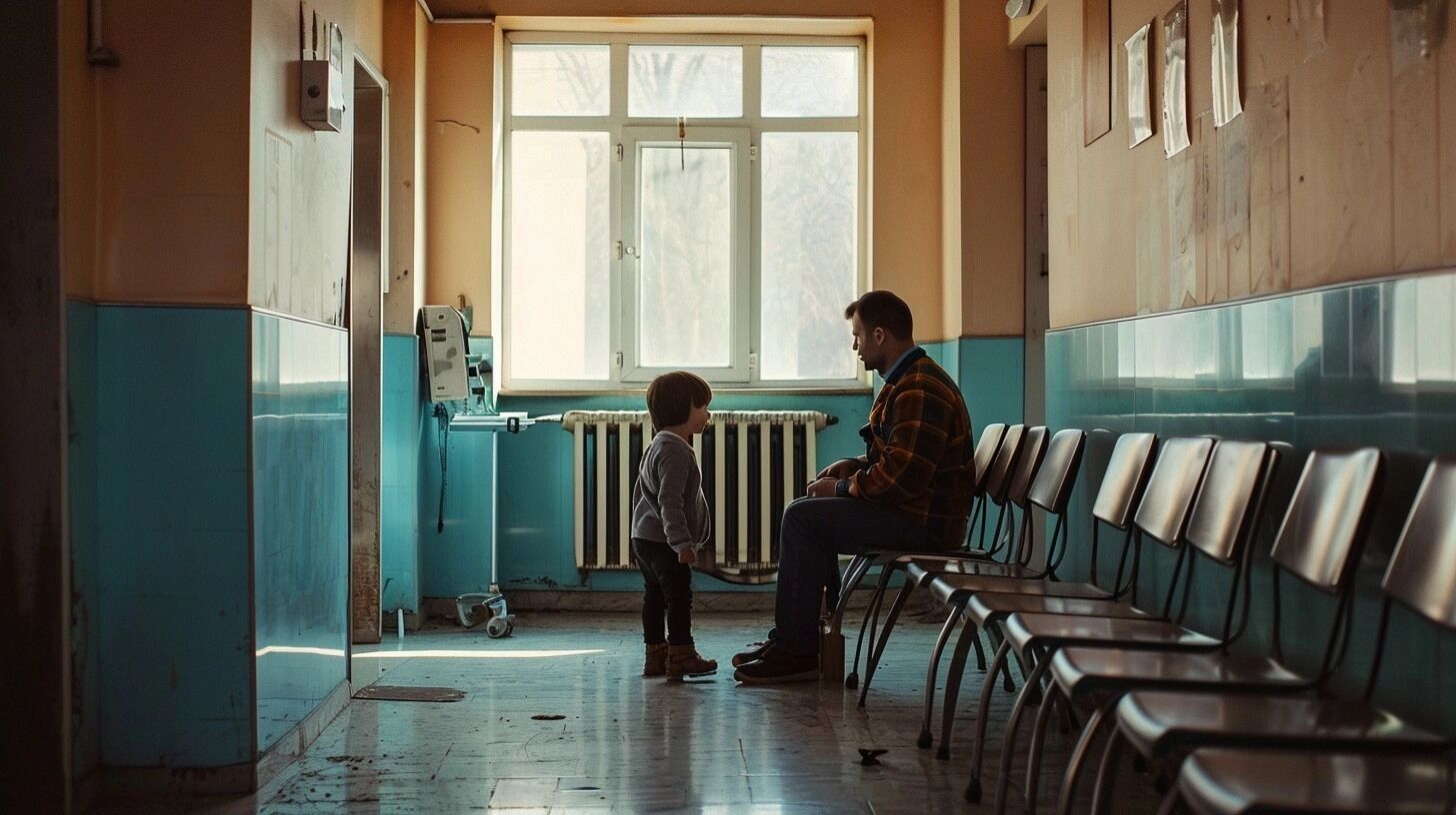 Отец с сыном в школьном коридоре