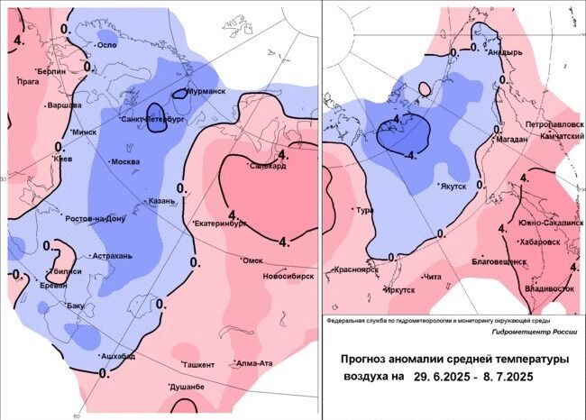 Карта температурных аномалий на начало июля