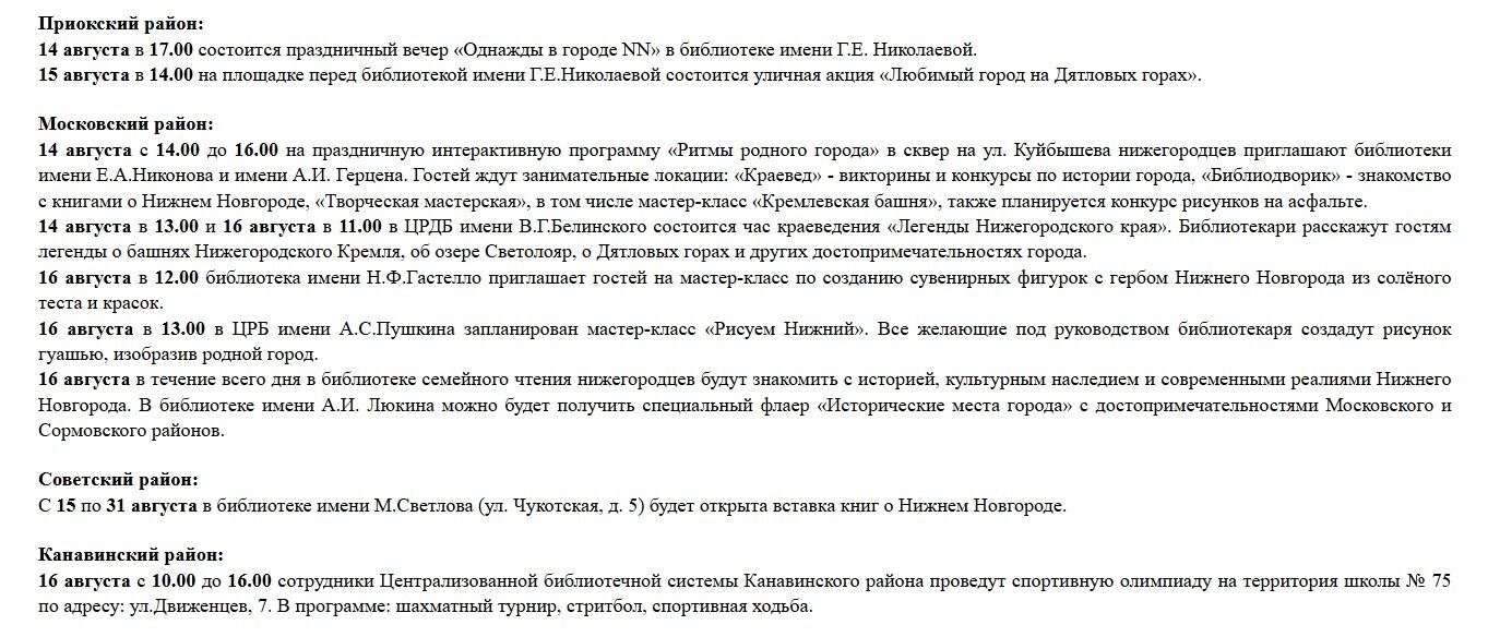 Программа на День города в библиотеках Нижнего Новгорода
