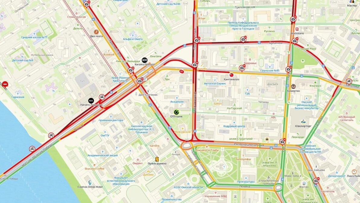 Скриншот карты с&nbsp;демонстрацией основных заторов на&nbsp;дорогах в&nbsp;центре Омска