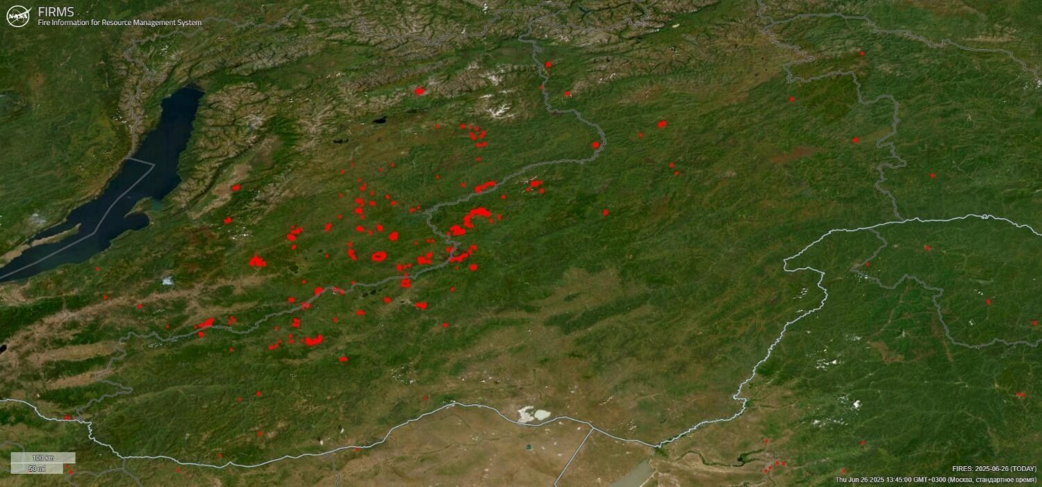 Очаги возгорания на карте, снятые со спутника