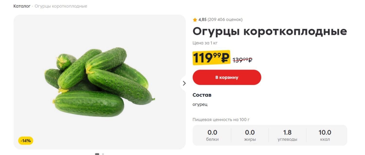 Средняя цена за&nbsp;килограмм огурцов в&nbsp;«Пятёрочке»