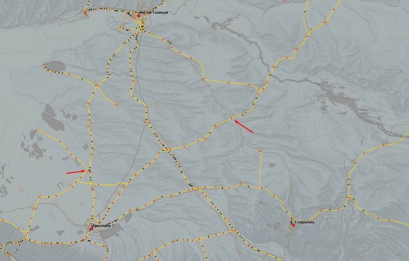 Карта железных дорог с местонахождением станций в Тимашевске и селе Песчанокопском