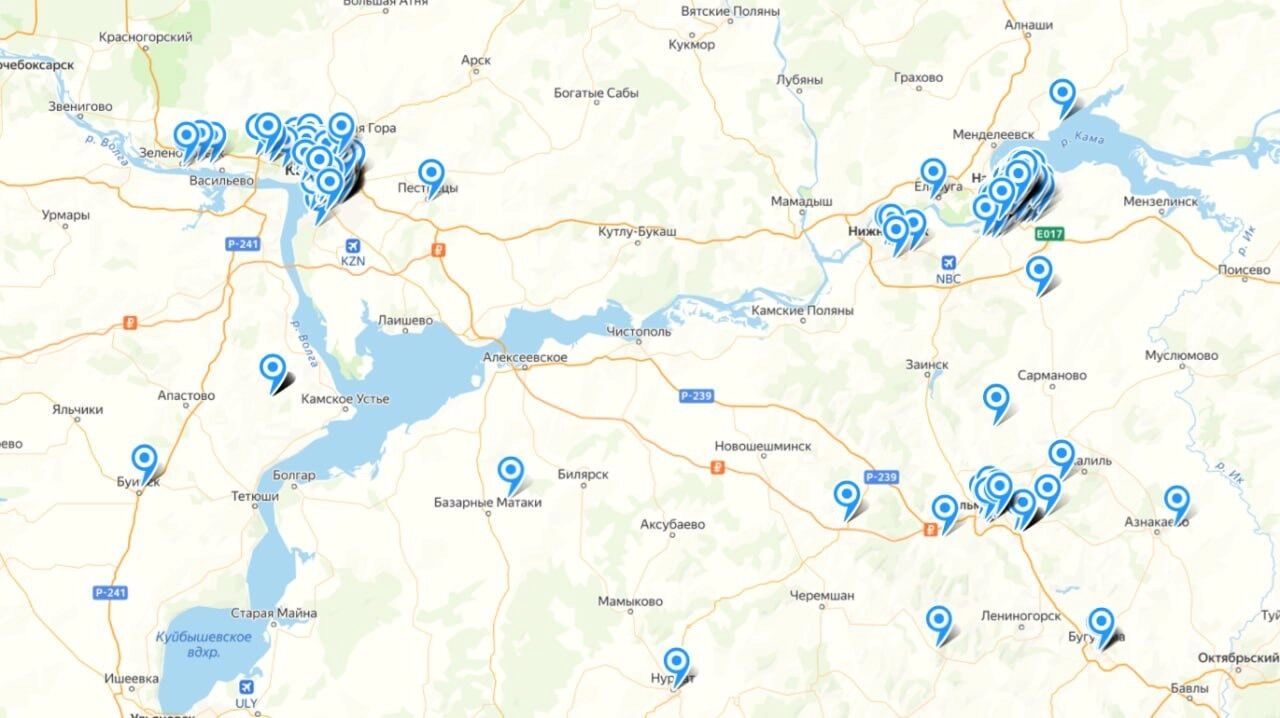 Карта с общественными точками Wi-Fi в Татарстане