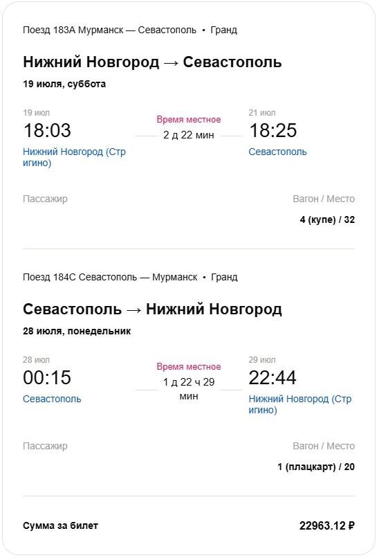 Сколько стоят билеты на прямой поезд из Нижнего Новгорода в Севастополь