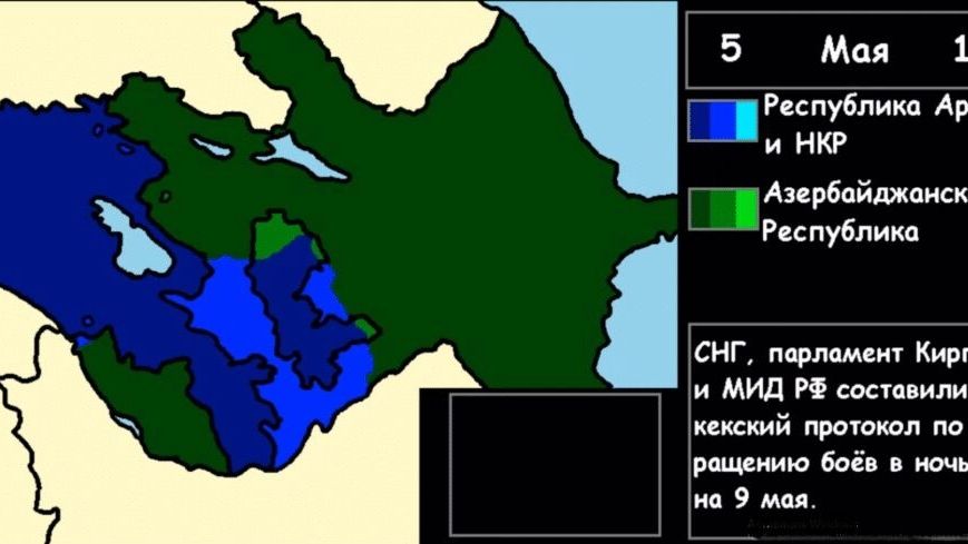 Несмотря на блокаду, Армения выиграла бои за Карабах в 1994 году. Размер голубого пятна (территория, занятая тогда армянами) и светло-зелёного (занято азербайджанцами). Но ценой победы стало разрушение экономики