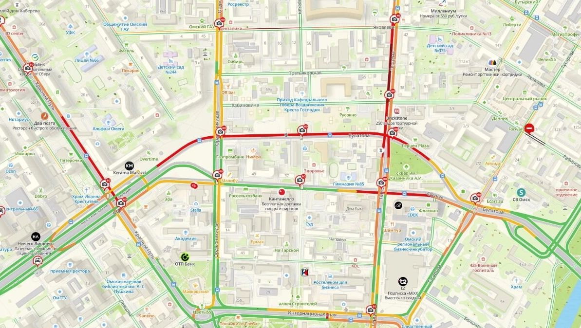Скриншот «карты пробок» в&nbsp;районе центра Омска