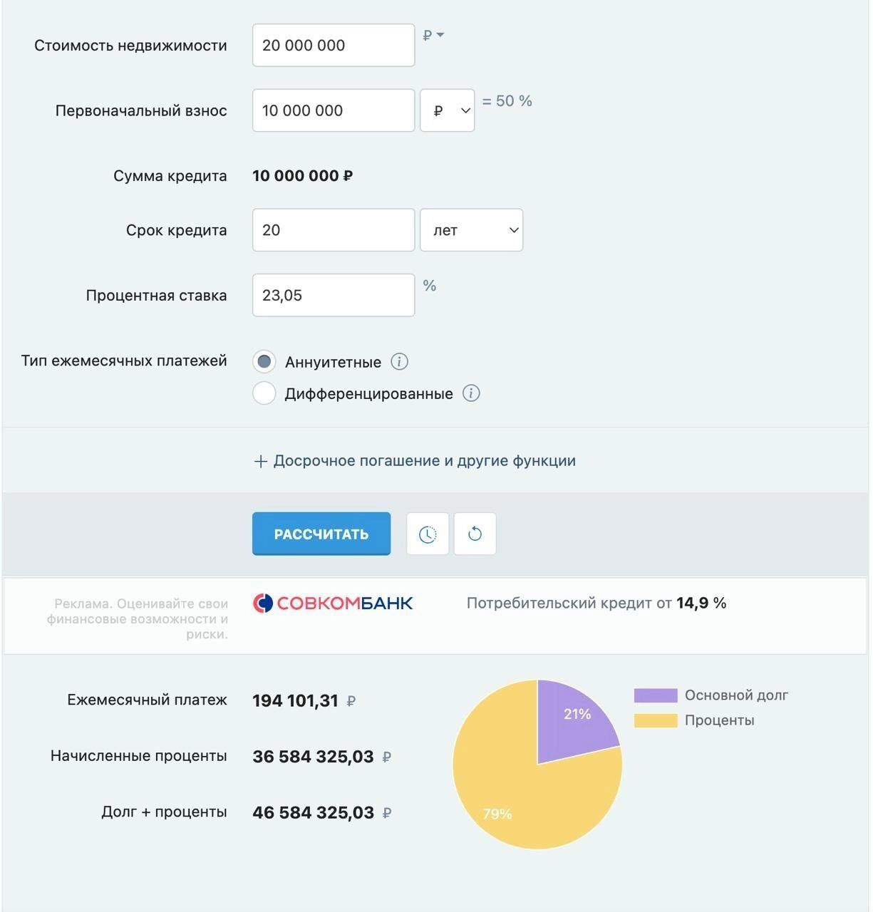 Расчет переплаты по ипотеке