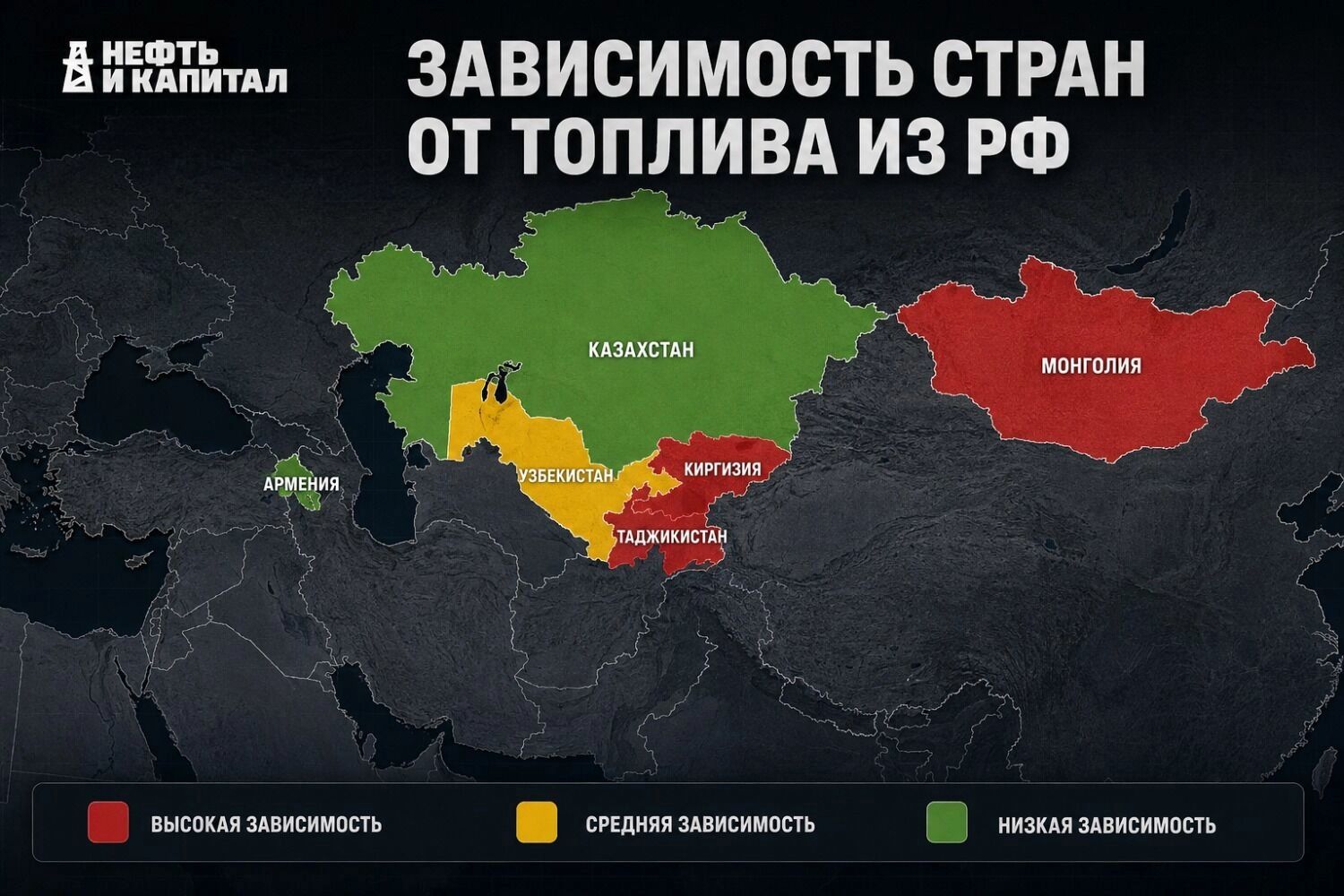 Карта стран с наибольшей зависимостью от топлива из РФ