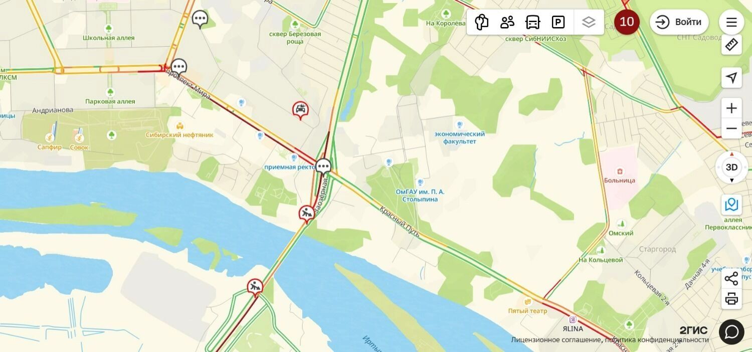 Пробки в Омске достигли 10 баллов