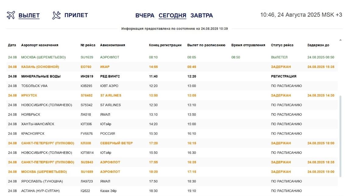 Скриншот расписания вылета самолетов — часть рейсов была перенесена на вечернее время