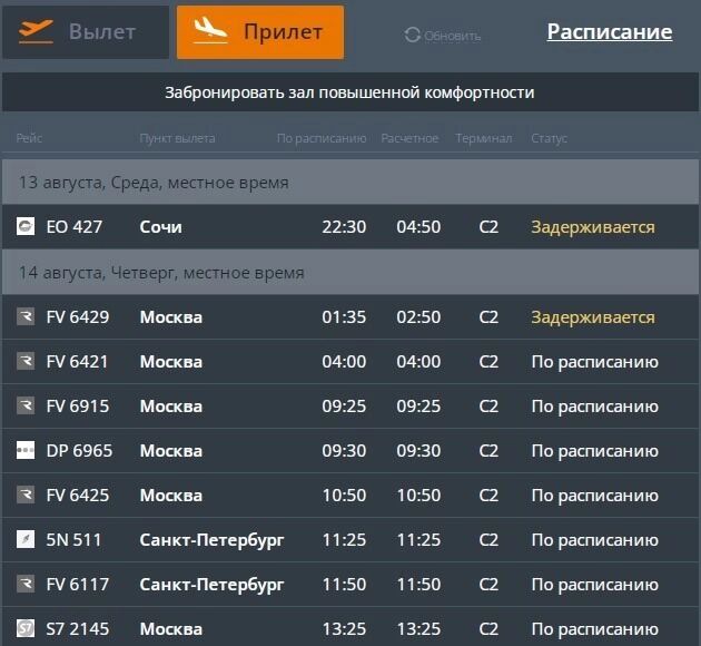 Табло аэропорта в Волгограде