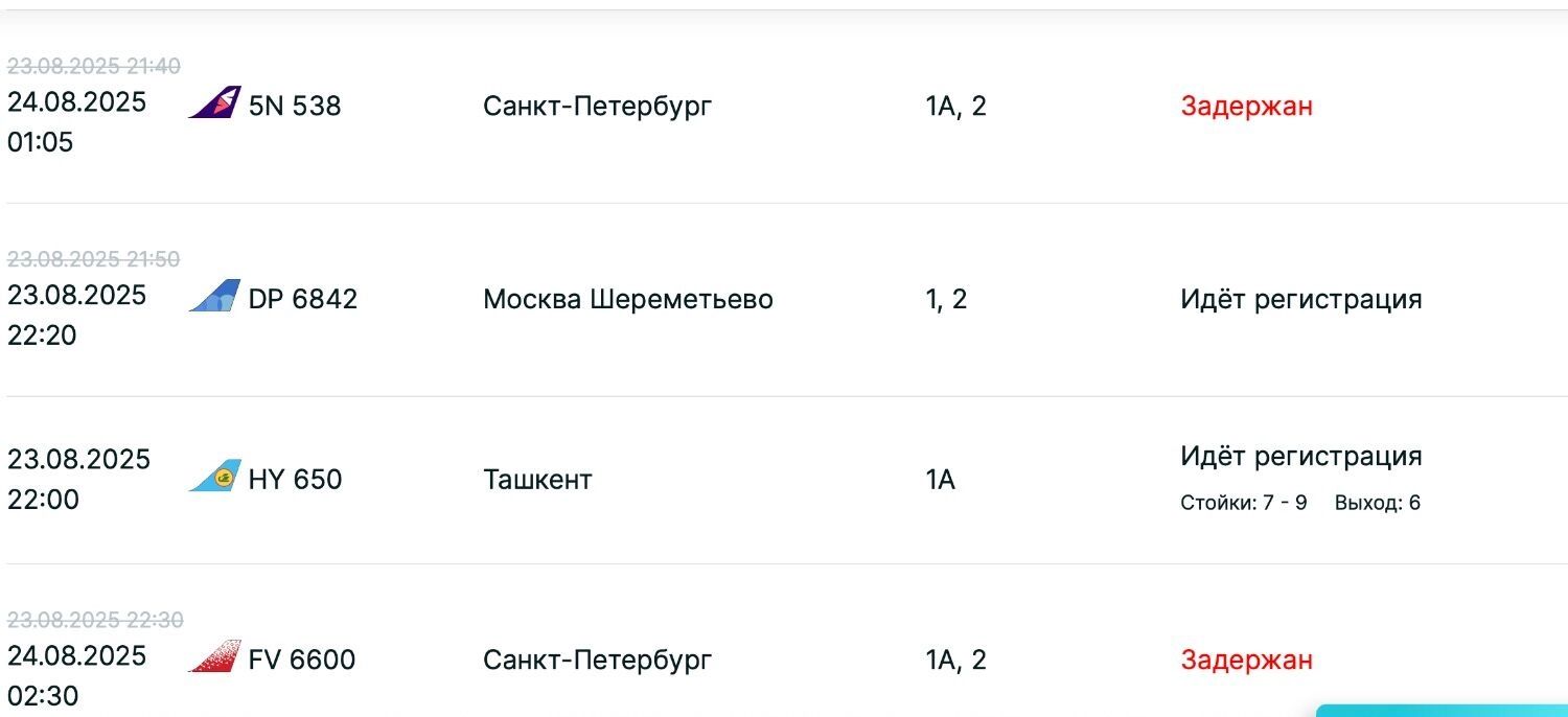 Задержки рейсов на вылет из Казани вечером 23 августа