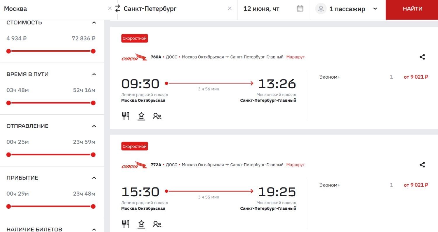 На сайте РЖД остались единичные билеты на поезда из Москвы в Санкт-Петербург на июньские выходные