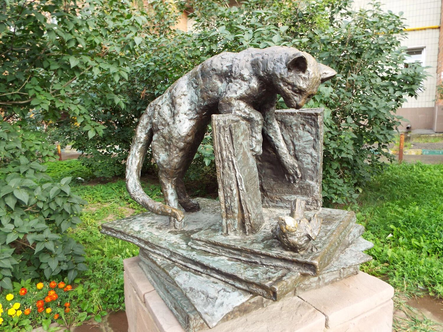 Кот пытается поймать храброго воробья