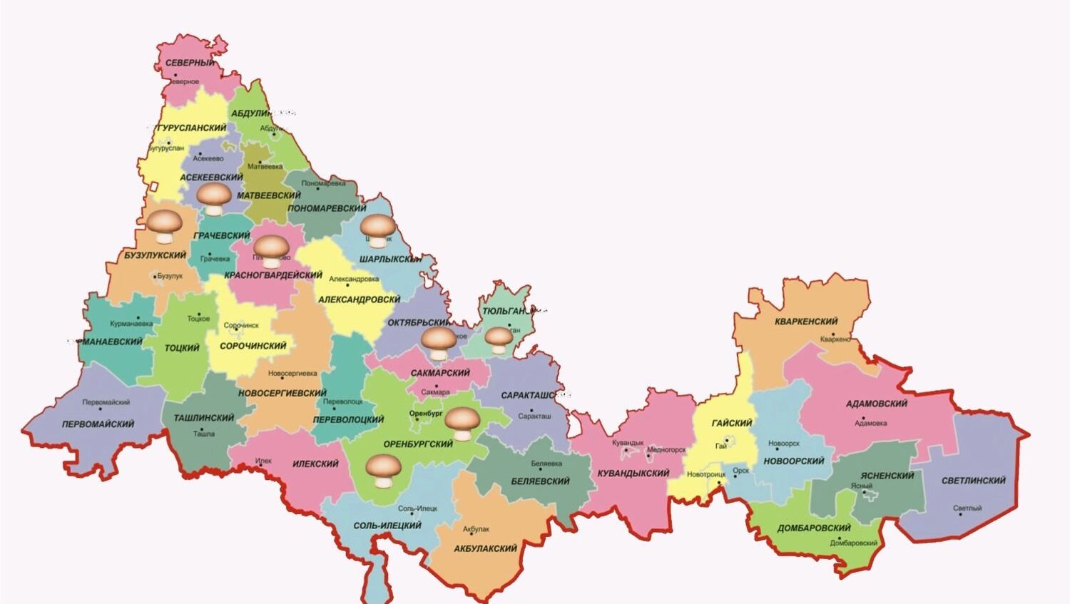 Карта грибных районов Оренбуржья
