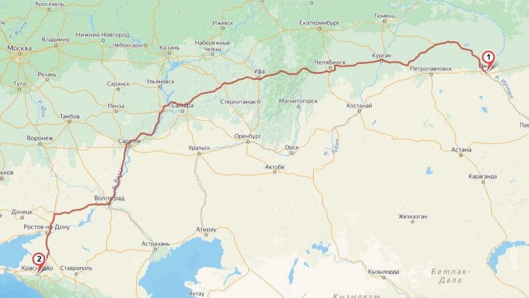 Скриншот карты одного из&nbsp;кратчайших маршрутов поездки в&nbsp;Краснодар из&nbsp;Омска