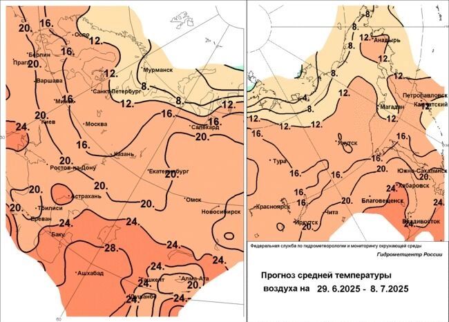 Карта средней температуры воздуха на начало июля