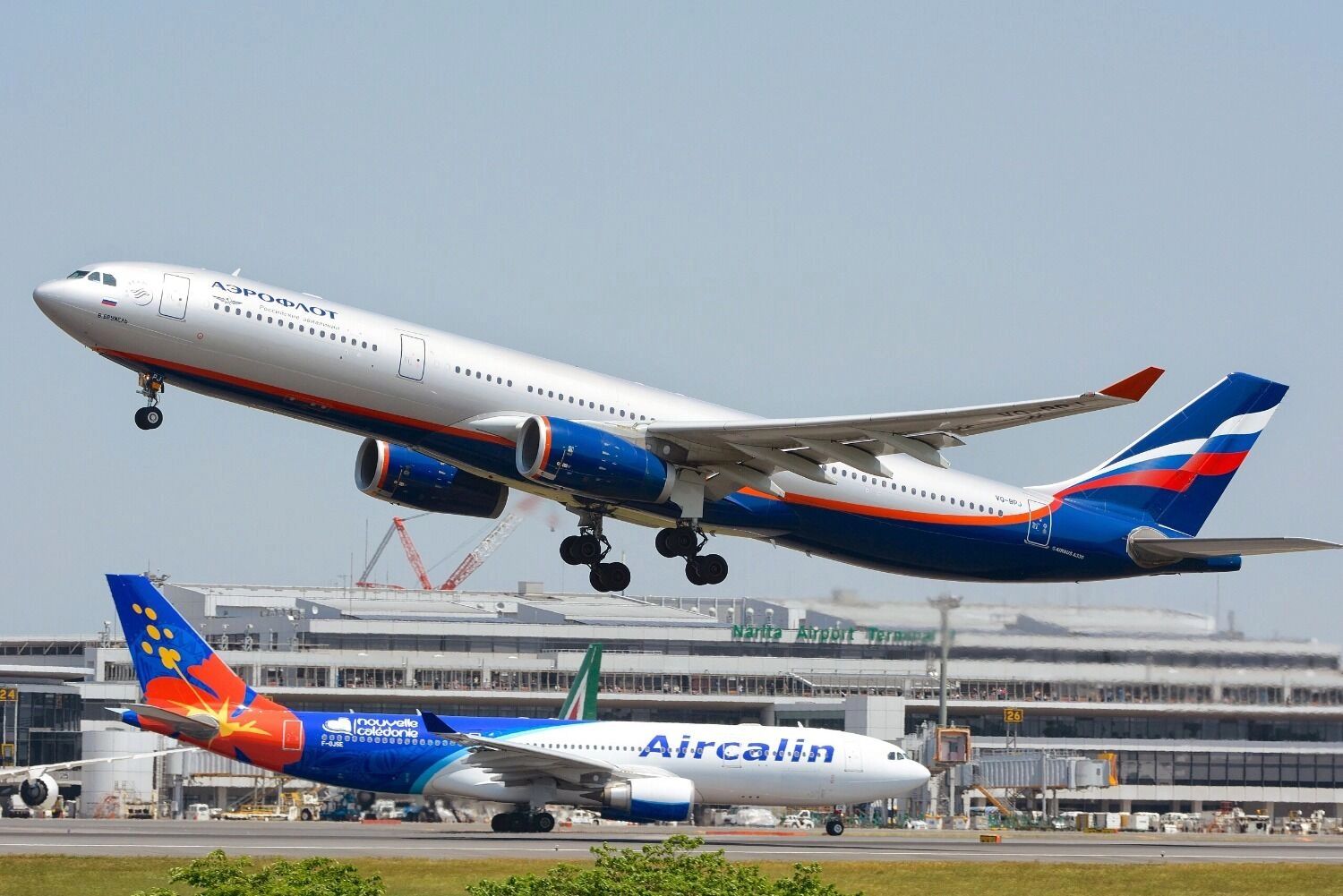 А-330 авиакомпании «Аэрофлот» взлетает в аэропорту