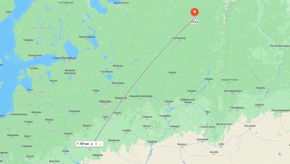 Расстояние между Ухтой и&nbsp;Сумами на&nbsp;карте