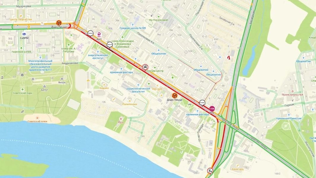 На&nbsp;скриншоте карты заметно, что Проспект Мира вновь был «парализован» практически 1,5-километровой пробкой