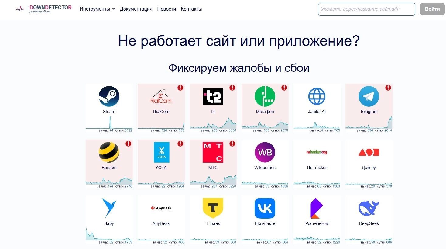 Мониторинговые сервисы фиксируют сбой в работе операторов связи