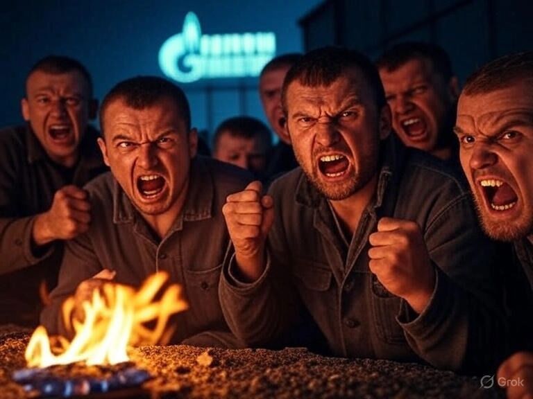 Рассерженные люди на фоне газа и логотипа ГАЗПРОМ