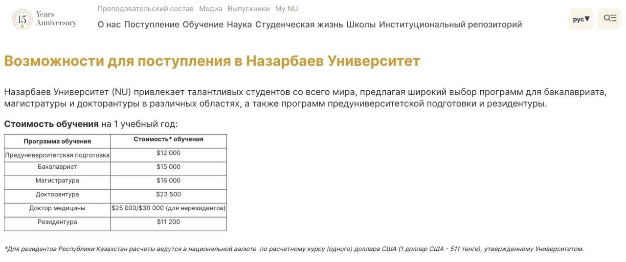 Стоимость обучения в Nazarbaev University