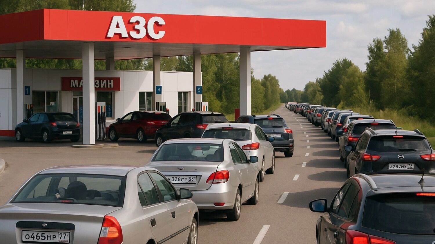 Машины в очереди на АЗС