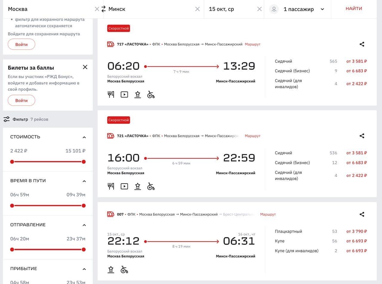 Стоимость железнодорожных билетов Москва — Минск