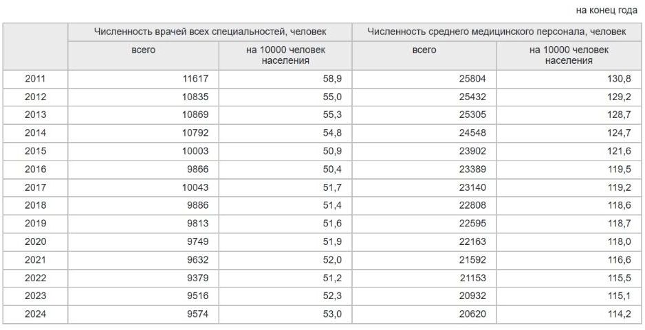 Скриншот таблицы, демонстрирующей изменение численности медперсонала в Омской области с 2011 по 2024 год