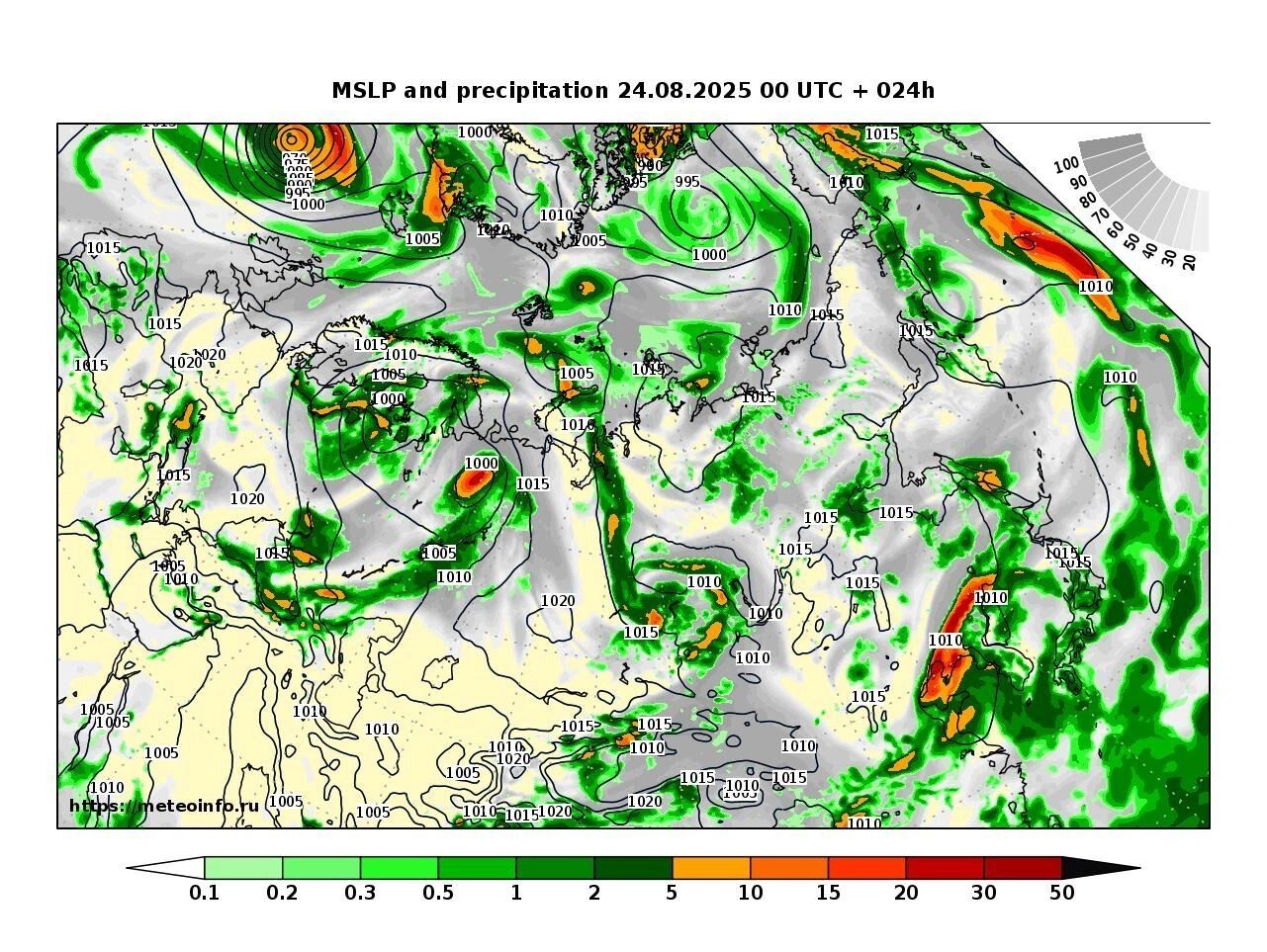 Mapa de precipitación y presión: pronóstico del Centro Hidrometeorológico
