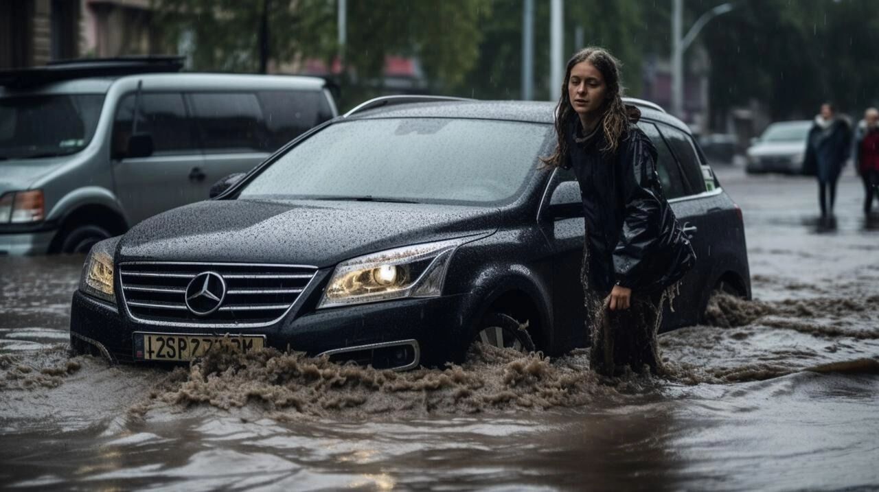Автомобиль едет по затопленным улицам