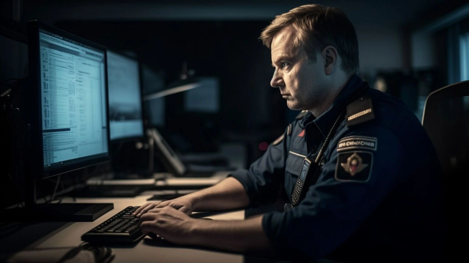 Сотрудник полиции сидит за компьютером